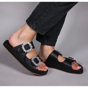 MYSTIQUE Melbourne Sandals Slides  Rhinestone Jeweled Buckle Leather Black‎ 8